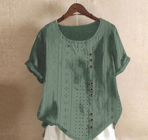 Haut d'été ample à manches courtes et col rond pour femme, couleur unie, avec boutons, style Palace Lock, m300046