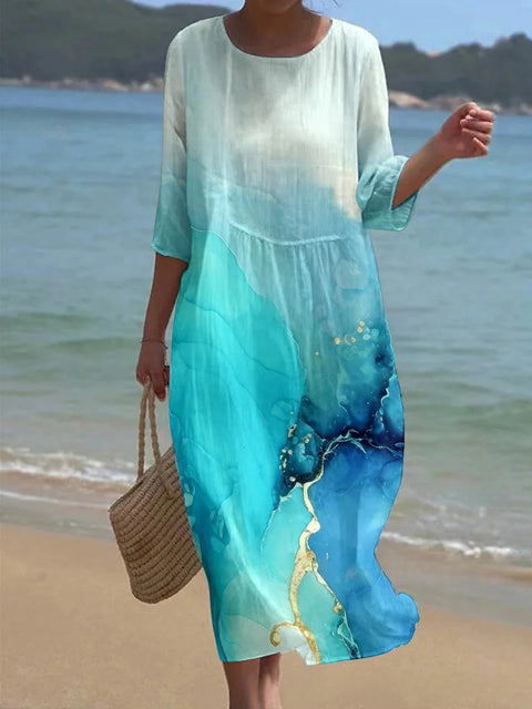 Robe ample à col ras du cou et manches longues imprimée m301072