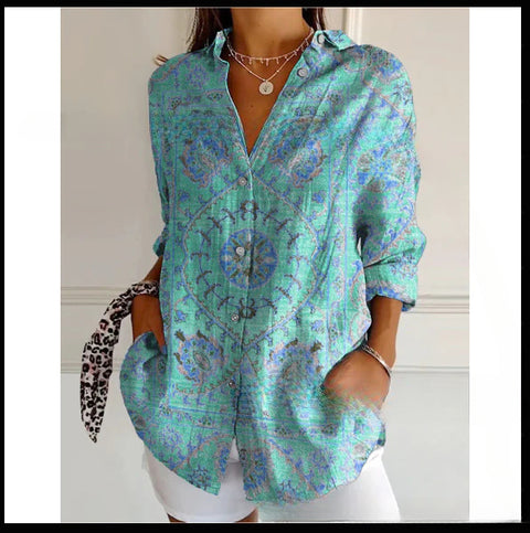 Chemise en lin à manches longues et boucle pour femme, motif abstrait imprimé numérique 3D, M301277 