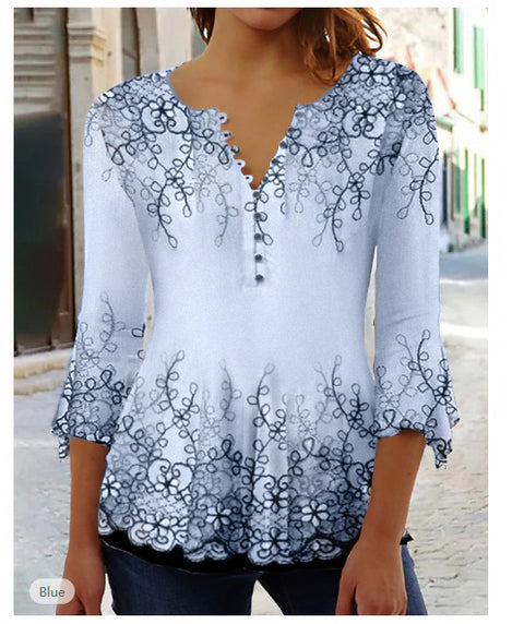 Modisches Ruili T-Shirt mit Blumendruck und V-Ausschnitt und Dreiviertelärmeln m300035