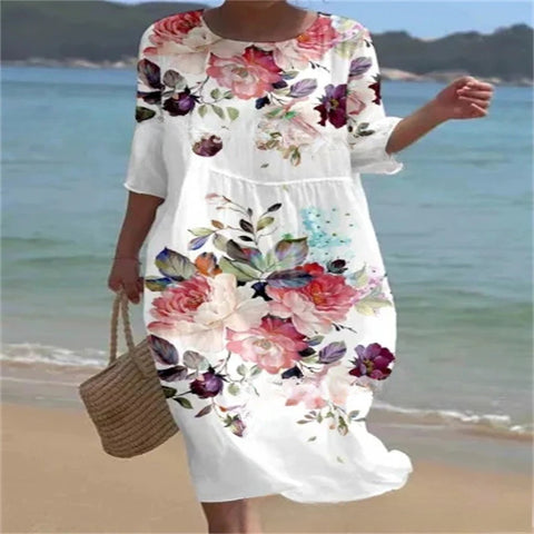 Robe ample à col ras du cou et manches longues imprimée haut de gamme m301045