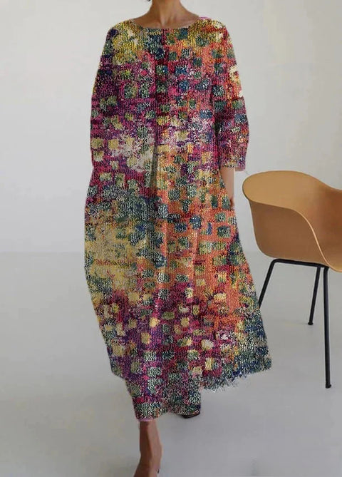 Robe ample à col ras du cou et manches longues pour femme, haut de gamme, imprimée, m301049