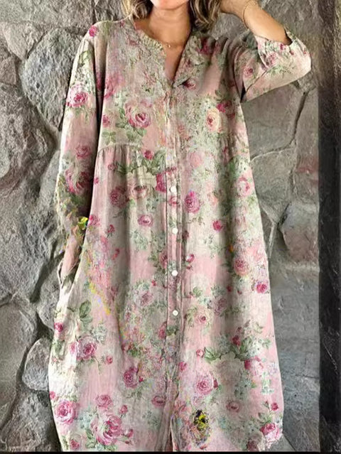 Lockeres Damen-Hemdkleid mit Rundhalsausschnitt, modisch, Premium, langärmlig, bedruckt, m301050
