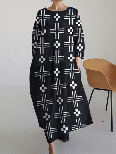 Robe ample à col ras du cou et manches longues imprimée m301072