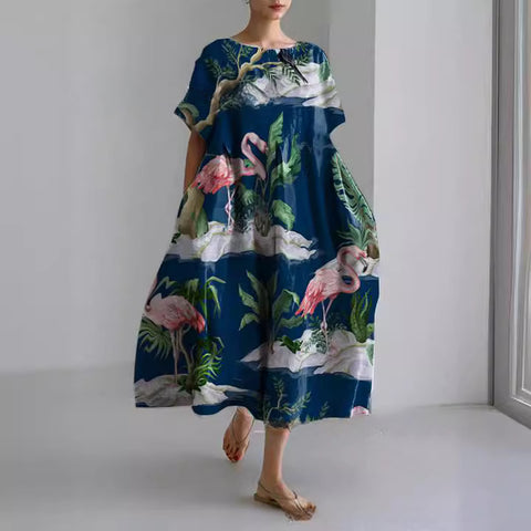 Robe ample à col ras du cou et manches courtes pour femme, haut de gamme, imprimée, m301052