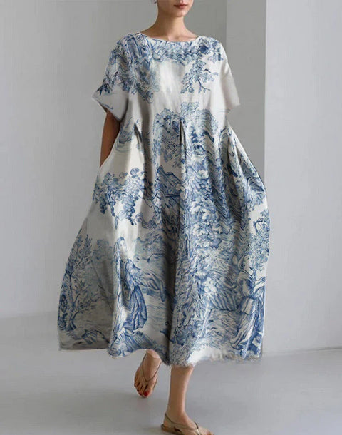 Lockeres Damenkleid mit Rundhalsausschnitt, modisches High-End-Kleid mit kurzen Ärmeln und Print m301052