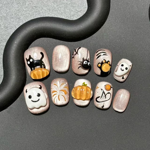 Tragen Sie handgemachte Cartoon dreidimensionale süße Kürbis Maniküre Patch handbemalt Student lustige Nägel m3331218