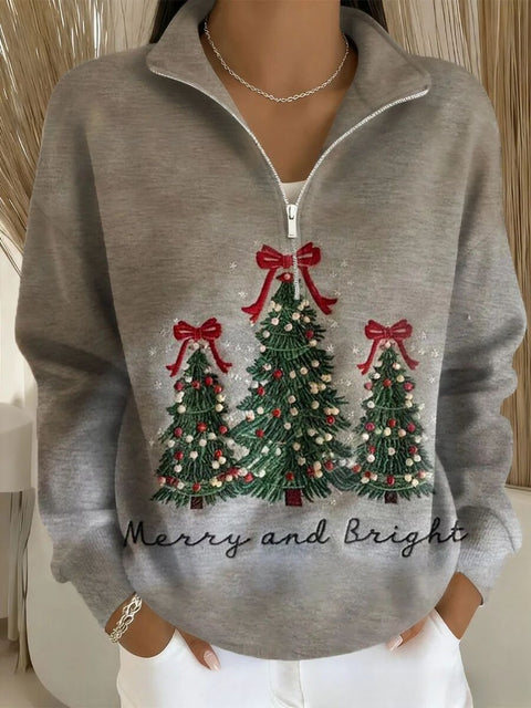 Creative Christmas Pattern Women's Long Sleeve Stand-Up Collar Half Zip Sweater m302109