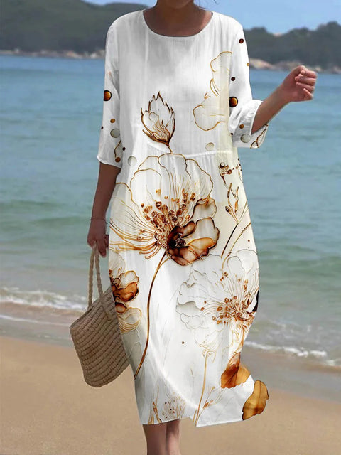 Robe ample à col ras du cou et manches longues imprimée m301072