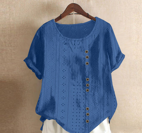 Haut d'été ample à manches courtes et col rond pour femme, couleur unie, avec boutons, style Palace Lock, m300046