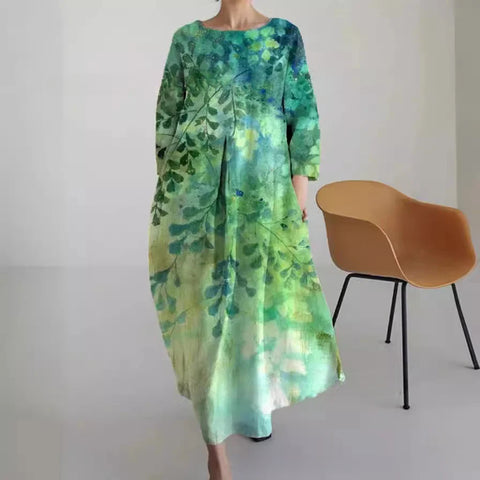 Robe ample à col ras du cou et manches longues imprimée m301072