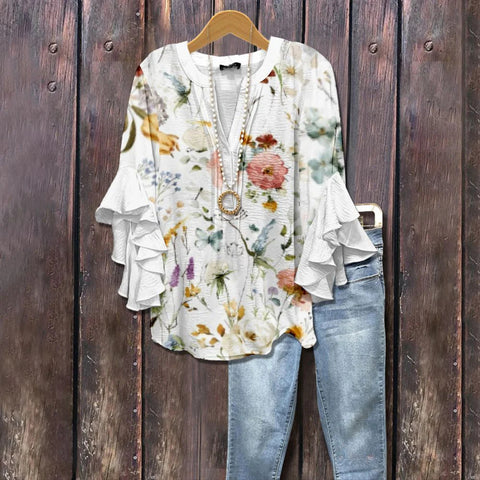 T-shirt ample à col en V et imprimé lotus pour femme (M301353) 