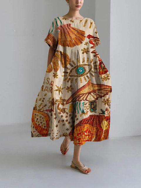 Lockeres Damenkleid mit Rundhalsausschnitt, modisches High-End-Kleid mit kurzen Ärmeln und Print m301052