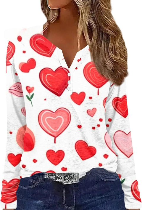 Bedrucktes Langarm-T-Shirt mit V-Ausschnitt und drei Knöpfen, m300618 