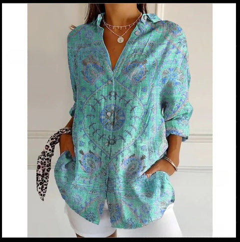 3D digital printing abstract pattern women's long-sleeved buckle linen shirt m302749-03