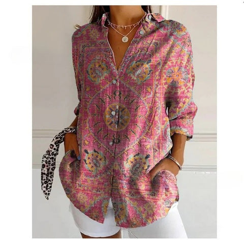 3D digital printing abstract pattern women's long-sleeved buckle linen shirt m302749-03