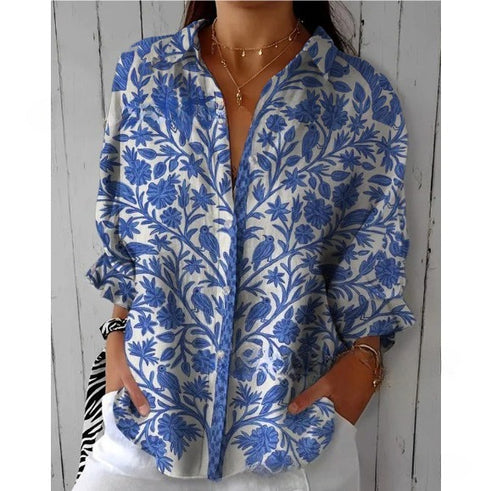 3D digital printing abstract pattern women's long-sleeved buckle linen shirt m302749-03