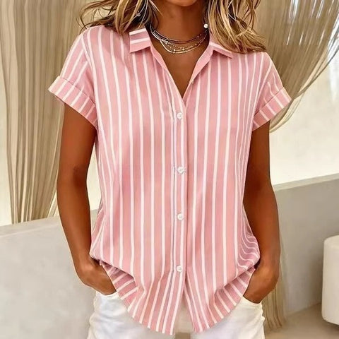 Women's Printed Striped Shirt Collar Short Sleeve Shirt m302756