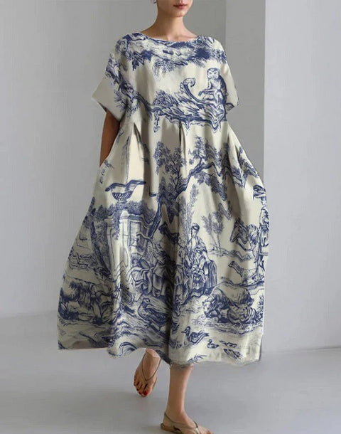 Lockeres Damenkleid mit Rundhalsausschnitt, modisches High-End-Kleid mit kurzen Ärmeln und Print m301052