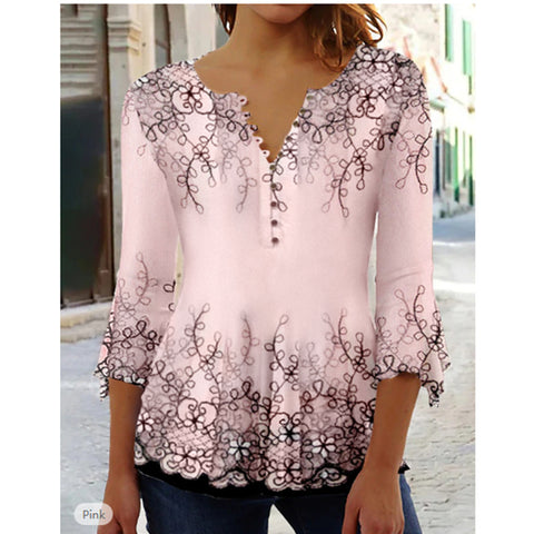 Modisches Ruili T-Shirt mit Blumendruck und V-Ausschnitt und Dreiviertelärmeln m300035
