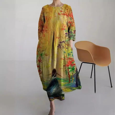 Robe ample à col ras du cou et manches longues pour femme, haut de gamme, imprimée, m301049