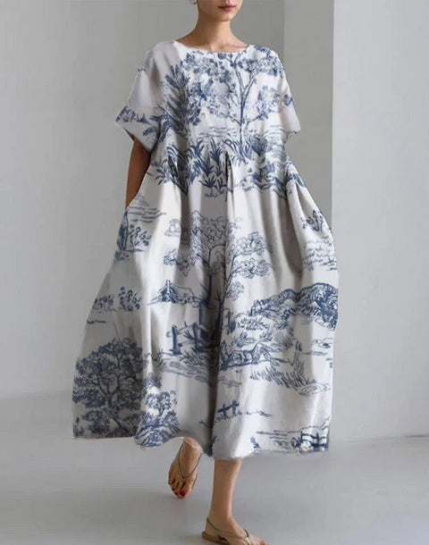 Robe ample à col ras du cou et manches courtes pour femme, haut de gamme, imprimée, m301052