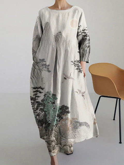 Robe ample à col ras du cou et manches longues imprimée m301072