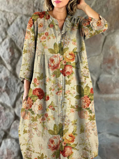 Lockeres Damen-Hemdkleid mit Rundhalsausschnitt, modisch, Premium, langärmlig, bedruckt, m301050