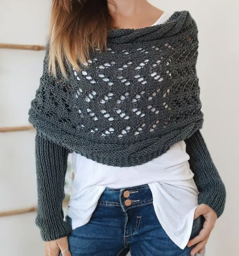Double-sleeved extended hollow shawl multi-purpose knitted twist sweater with scarf outside autumn and winter women m302058