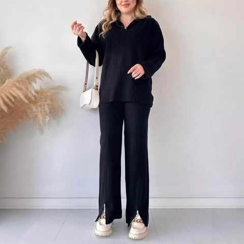 Women's solid color zipper knitted suit turtleneck pit strip loungewear two-piece set m301792