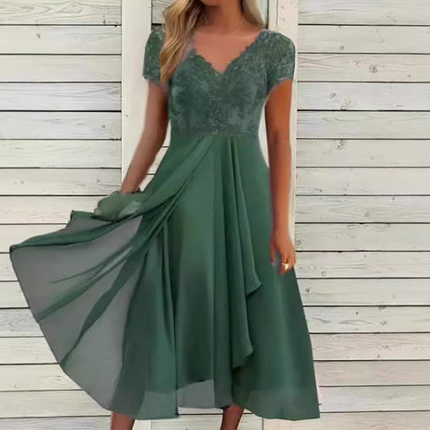 Chiffon-Spleißen V-Ausschnitt Spitze Hohlkleid m301252 