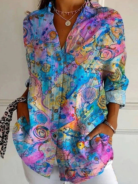 3D digital printing abstract pattern women's long-sleeved buckle linen shirt m302749-03
