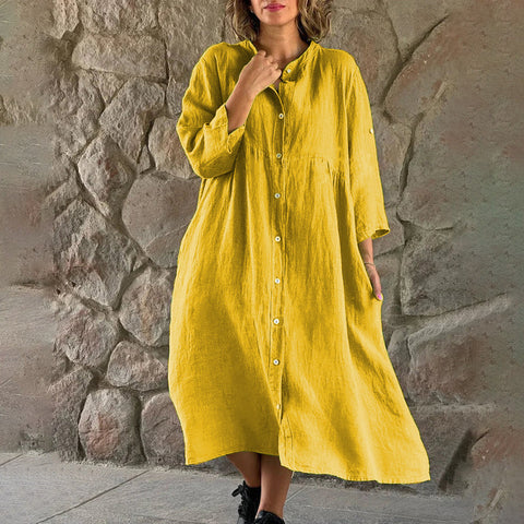 Cotton and linen solid color casual stand-up collar button long dress m301322