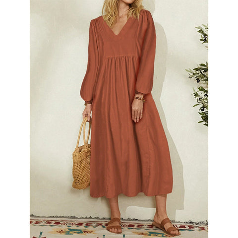 Lockeres Damenkleid aus Baumwolle und Leinen mit Laternenärmeln m301242 