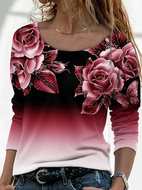 Langärmliges, lockeres, lässiges Pullover-T-Shirt mit Rundhalsausschnitt und 3D-Druck für Damen m300857 
