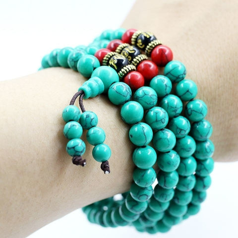 Bracelet multicouches en perles de Bouddha turquoise, ornement tibétain, 108 perles de Bouddha, bracelet enroulé en perles de Bouddha turquoise, fil élastique m3331228