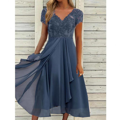 Chiffon-Spleißen V-Ausschnitt Spitze Hohlkleid m301252 