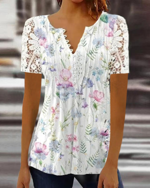 Lace Sleeve Pleated Solid Color Button T-Shirt Bottom Shirt m301333