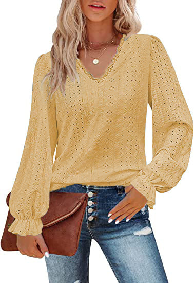 Chemise décontractée à col en V et manches plissées, automne m300647