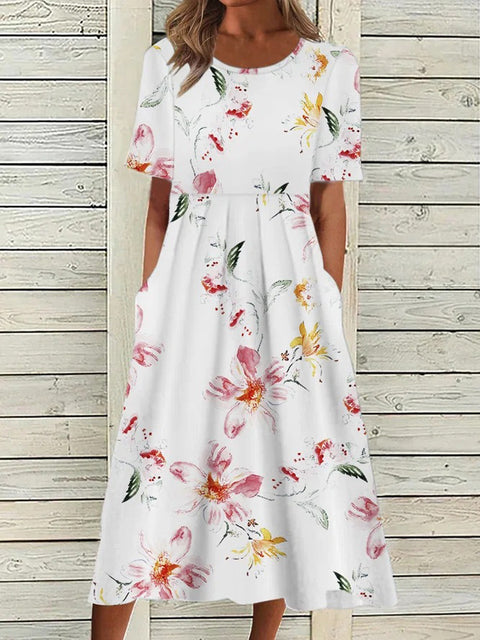 Sommer neues Damen-Swing-Kleid mit mittlerer Taille und lässigem Rundhalsausschnitt und Print m300040 