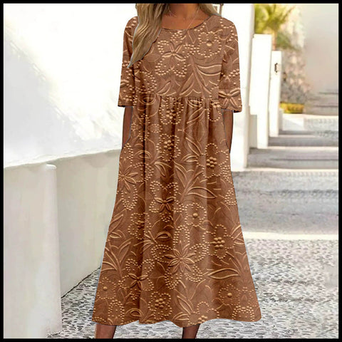 Robe longue décontractée à col ras du cou et manches courtes pour femme, imprimé 3D, taille plissée, style trapèze, m301299 