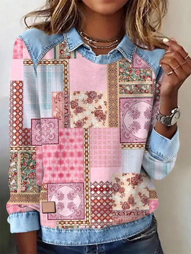 Lapel top imitation denim sweater long-sleeved women's top m302160