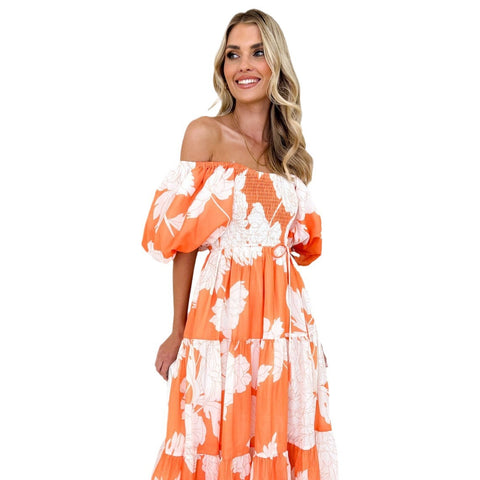 Elegantes, schulterfreies Kleid mit Puffärmeln und Blumenmuster M300289 