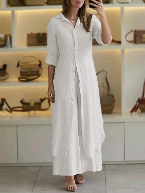 Elegantes Set aus eng anliegendem Langarmhemd und Hose aus Baumwolle und Leinen mit weitem Bein, m301063 