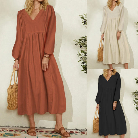 Lockeres Damenkleid aus Baumwolle und Leinen mit Laternenärmeln m301242 