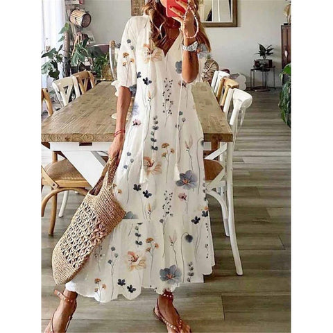 Floral V Neckline Half Sleeve Midi A line Dress m161507354 (5826854)