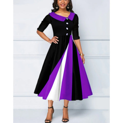 Langes Kleid mit 3D-gedrucktem Pendel und Fünfviertelärmeln und Knopfverzierung, m300864 