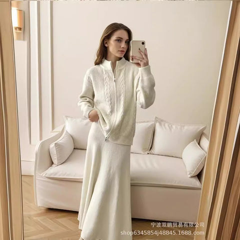 Loose knitted suit women's autumn and winter new zipper cardigan sweater + fishtail skirt m301789