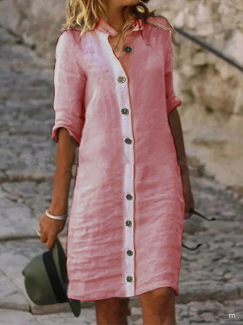 Hemdkragen, Halbarm, große runde Schnalle, Kleid aus Baumwolle und Leinen, M300218 