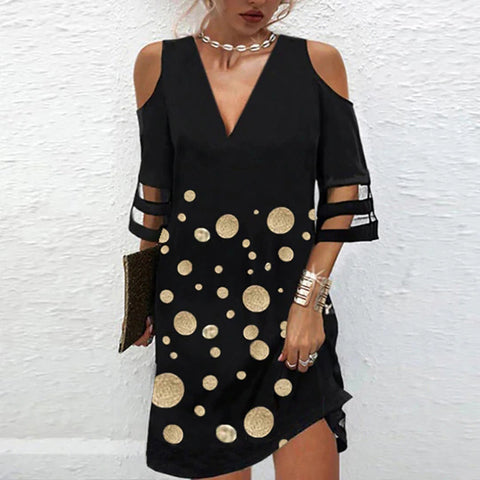 Kleid mit V-Ausschnitt, Positionierung, Blumen-Netznähten und halblangen Ärmeln M300180 